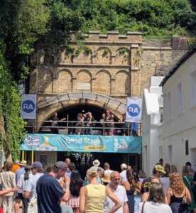 The completed Tunnel Stage at Reigate Summer Festival, designed by Reigate Architects using the historic Reigate Tunnel as the backdrop.
